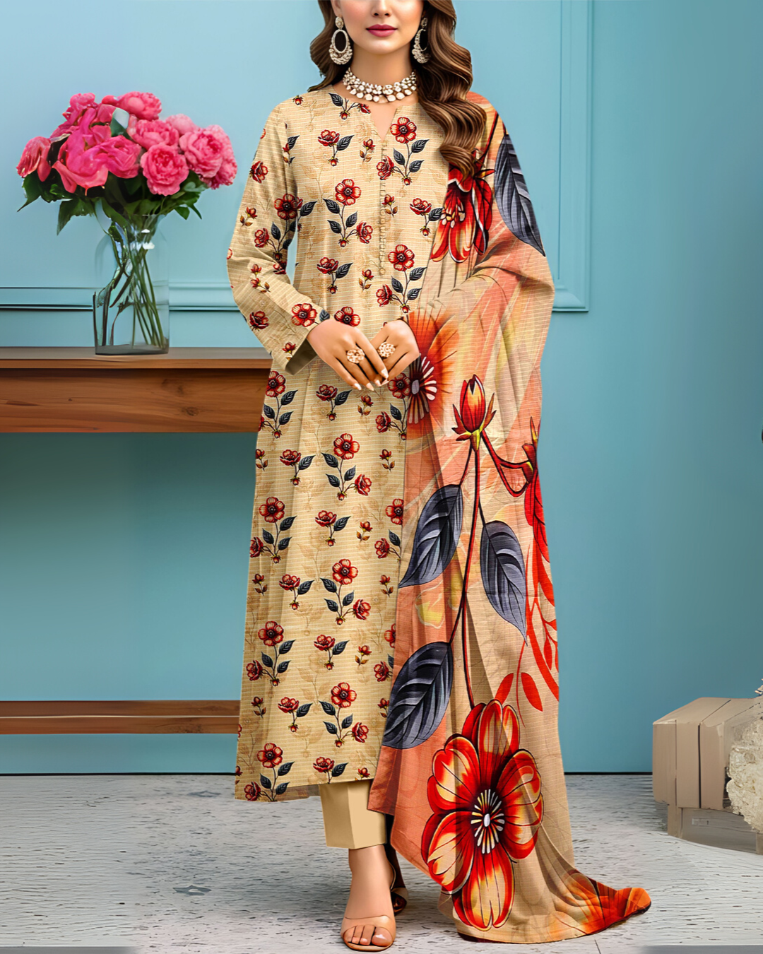 SAYA Beige Blossom Premium Printed Viscose Bana Dora 3-Piece Suit