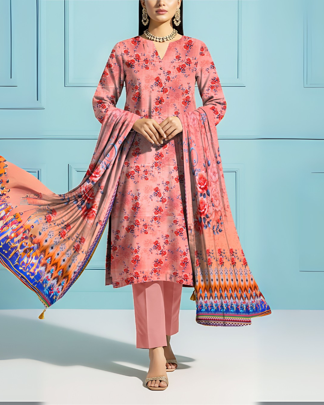 SAYA Coral Bloom Premium Printed Viscose Bana Dora 3-Piece Suit