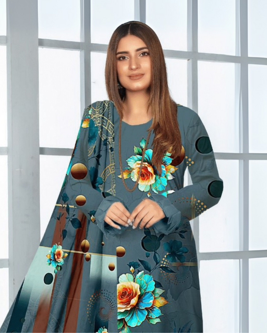 Chirenza Ash Blue Premium Digital Khaddar 3-Piece