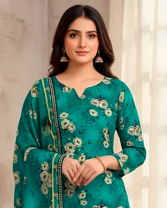 Chirenza Al Karam Digital Khaddar Suit in Vibrant Teal Floral