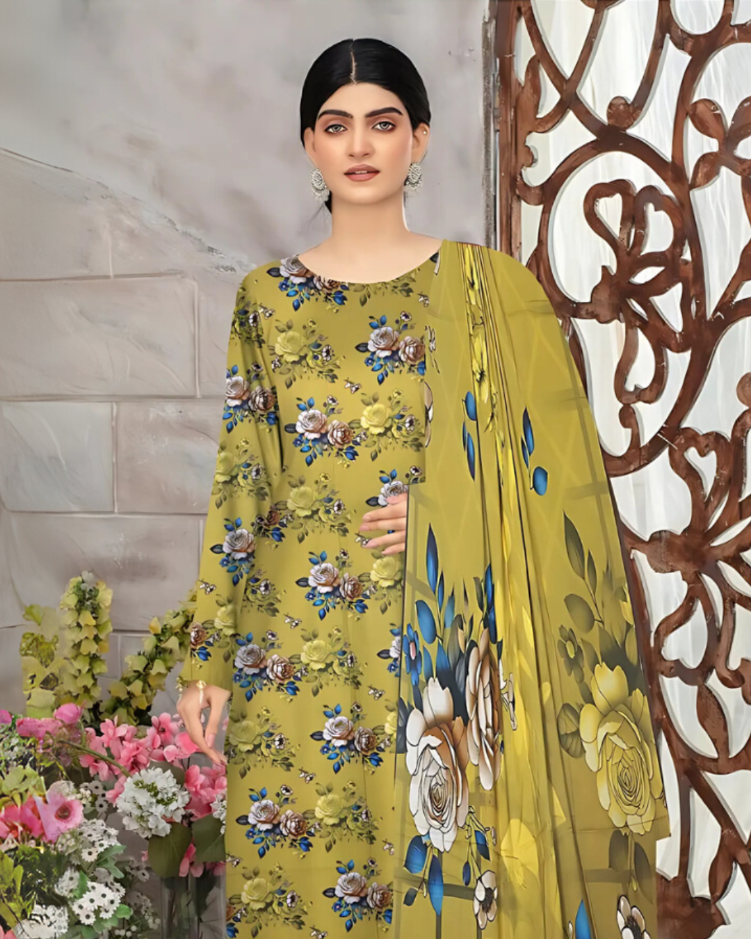 SAYA Mustard Blossom Digital Premium Viscose Linen 3-Piece Suit