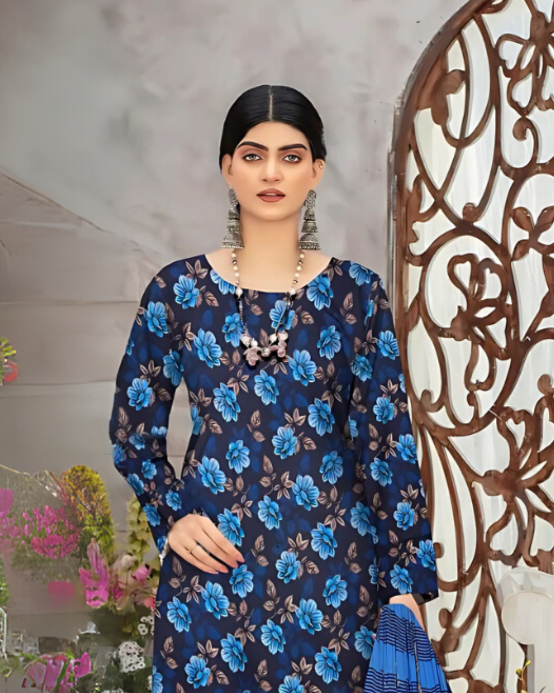 SAYA Midnight Blue Digital Premium Viscose Linen 3-Piece Suit