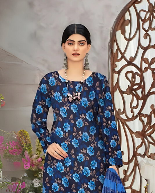 SAYA Midnight Blue Digital Premium Viscose Linen 3-Piece Suit