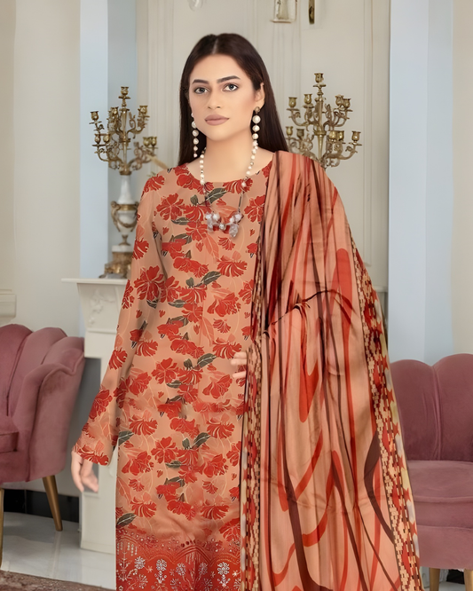 Chirenza Premium Peach & Rust Floral Viscose Suit 3 Piece Embroidered Set