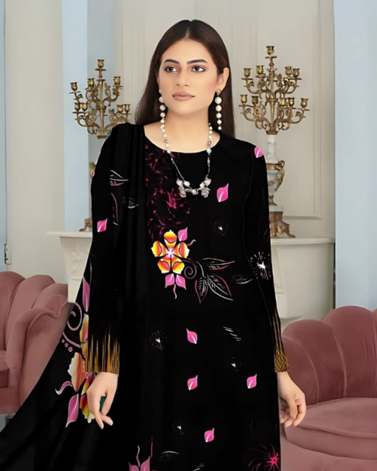 Kashish Noir Blossom Digital Premium Viscose Bana Dora 3-Piece Suit