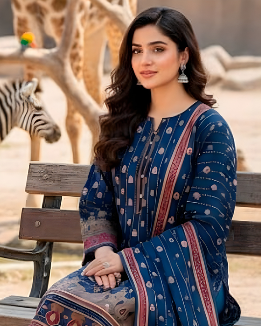 Chirenza Al Karam Digital Khaddar Suit in Indigo Blue & Rustic Red