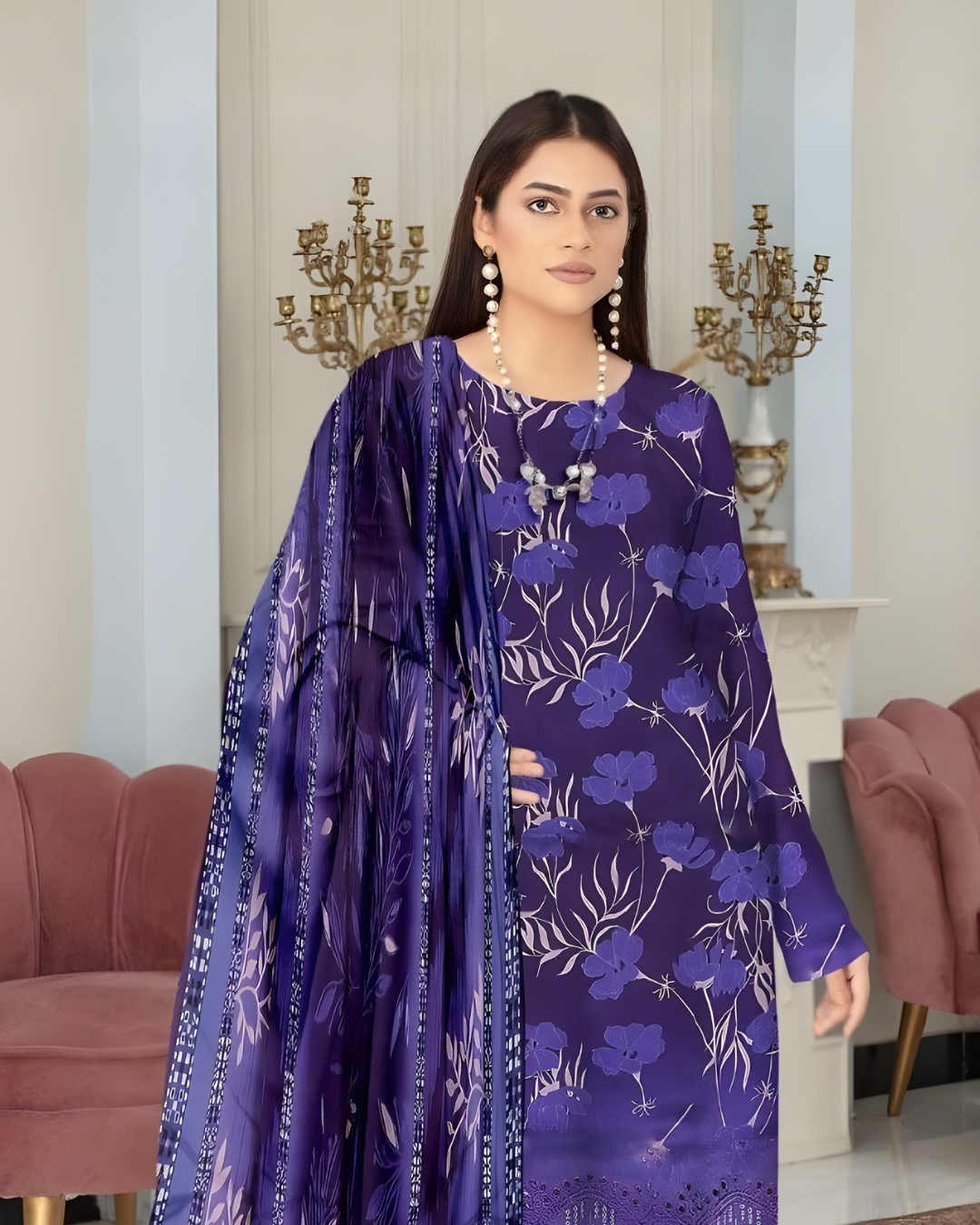 Chirenza Premium Royal Blue Floral Viscose Suit 3 Piece Embroidered Set