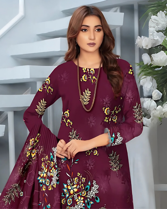 Chirenza Rosewood Glow Premium Digital Khaddar 3-Piece