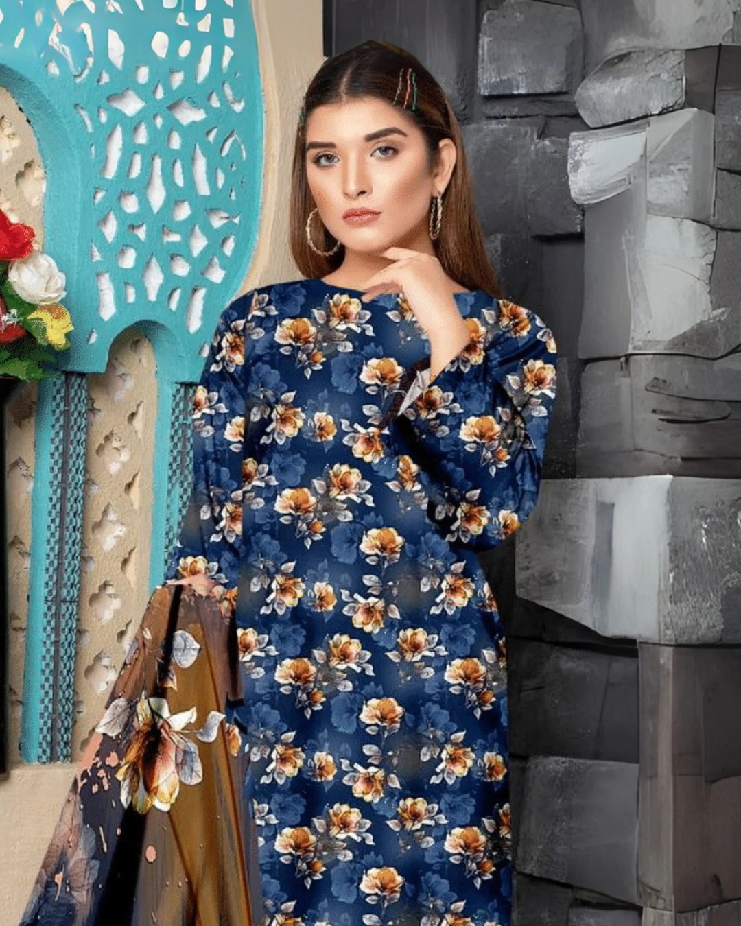 Chirenza Midnight Blossom 3 Piece Premium Digital Doria Linen Suit