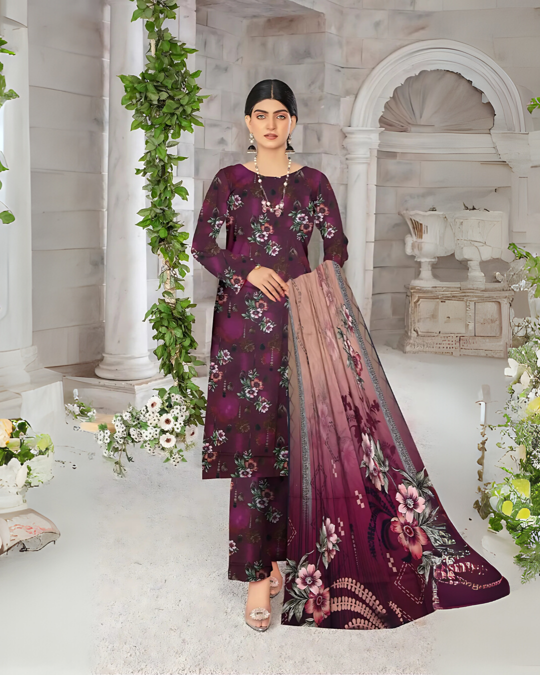SAYA Plum Elegance Digital Premium Viscose Linen 3-Piece Suit