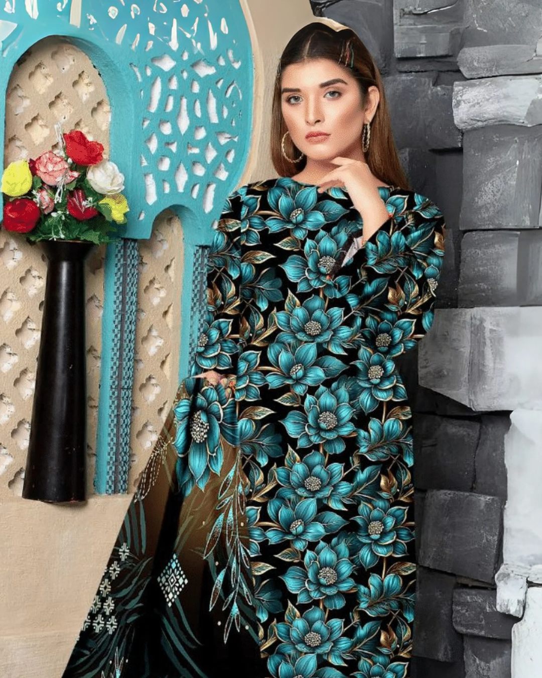 Chirenza Aqua Noir 3 Piece Premium Digital Doria Linen Suit