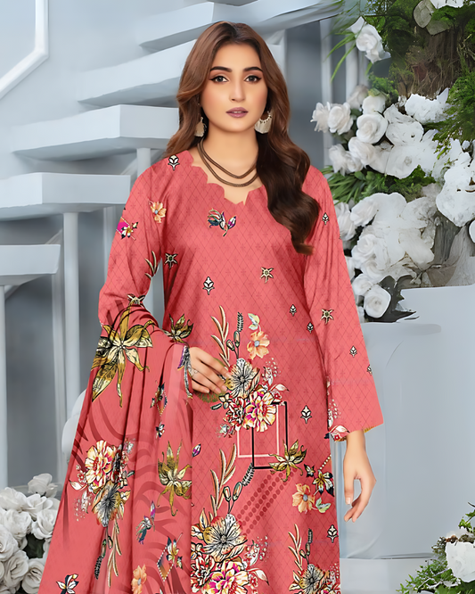Chirenza Rose Pink Premium Digital Khaddar 3-Piece