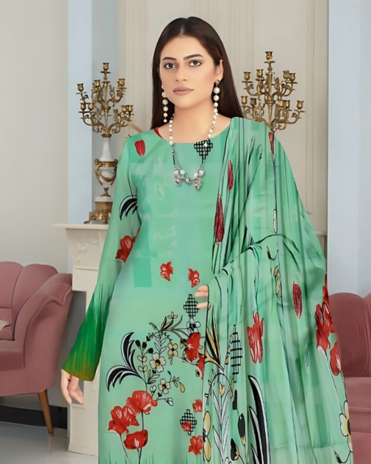 Kashish Aqua Bloom Digital Premium Viscose Bana Dora 3-Piece Suit