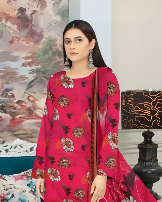 Chirenza Premium Hot Pink Floral Viscose Suit 3 Piece Embroidered Set