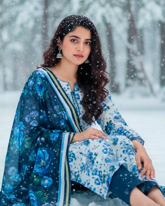 Chirenza Al Karam Digital Khaddar Suit in Blue White Floral
