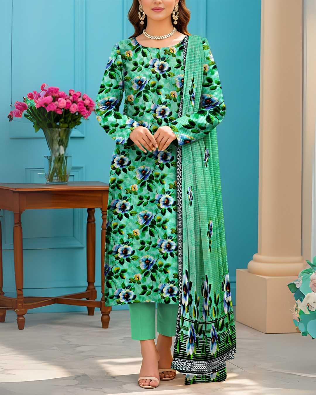 SAYA Mint Bloom Premium Printed Viscose Bana Dora 3-Piece Suit