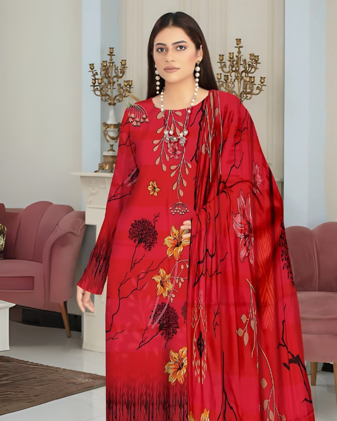 Kashish Crimson Elegance Digital Premium Viscose Bana Dora 3-Piece Suit