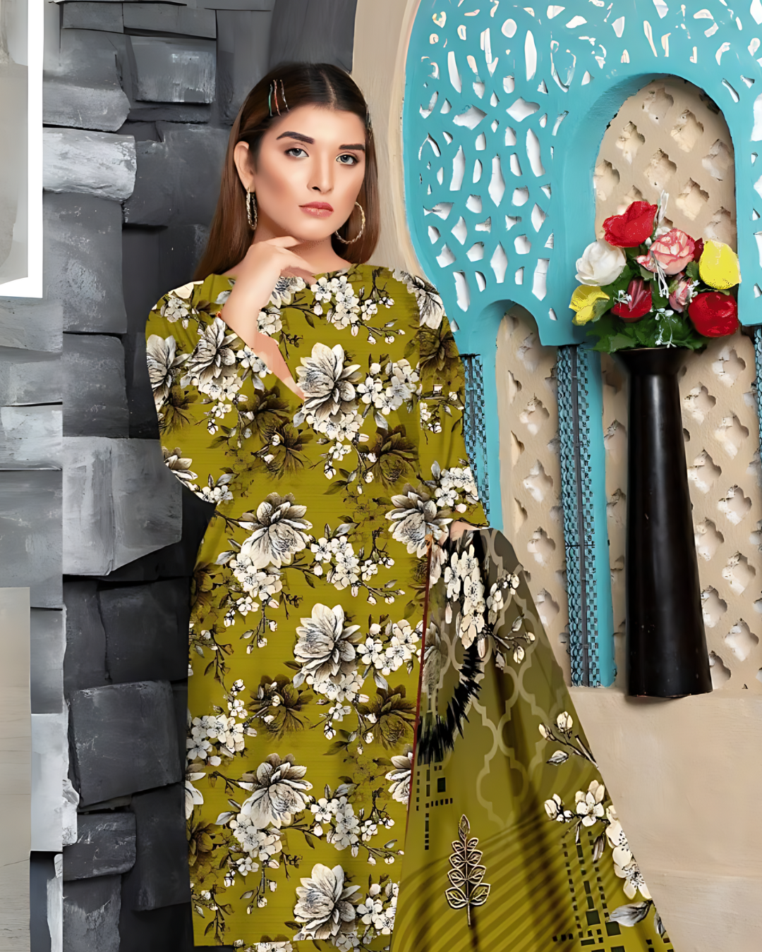 Chirenza Olive Blossom 3 Piece Premium Digital Doria Linen Suit
