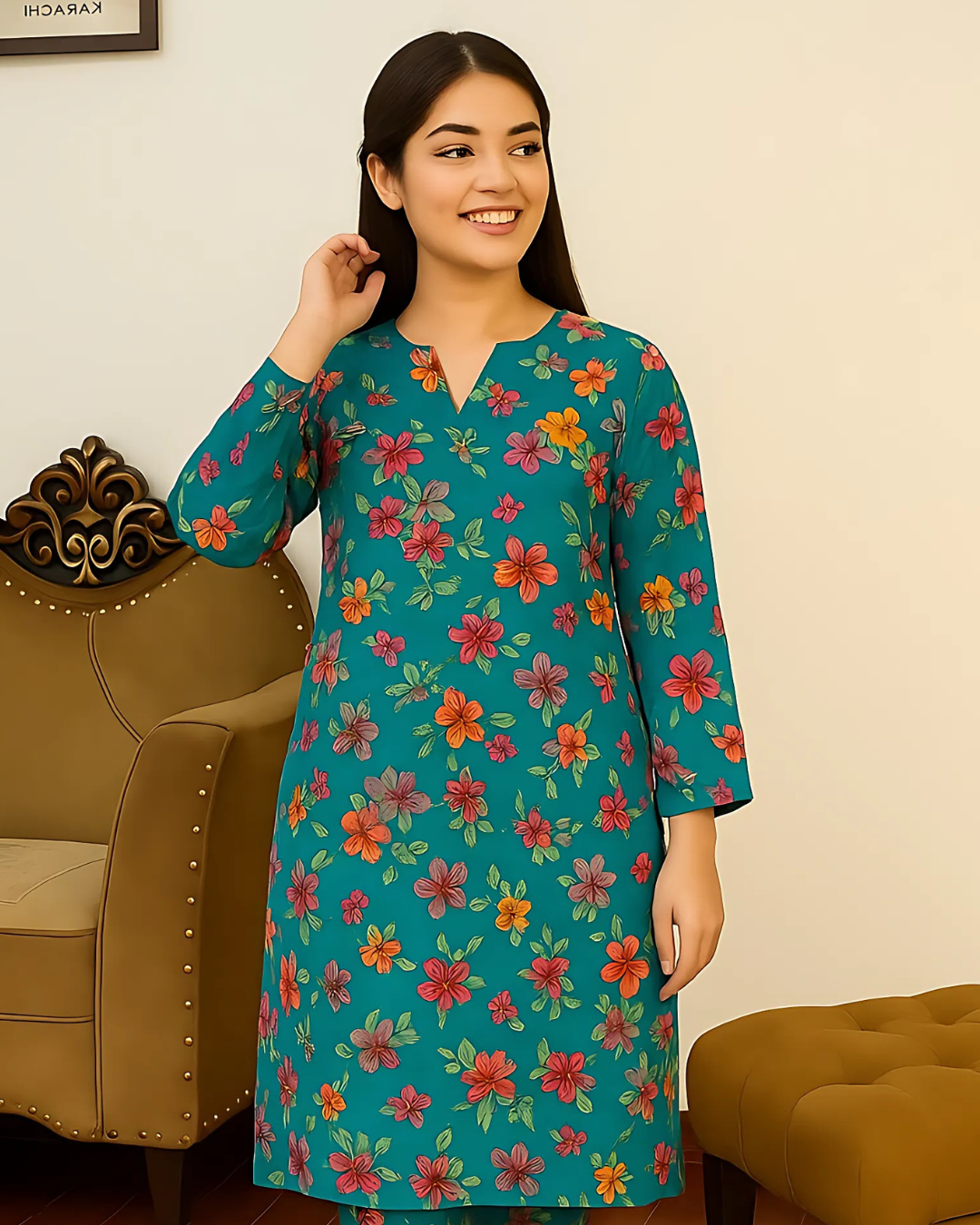 Chirenza Turquoise Blossom Digital Premium Khaddar 2 piece