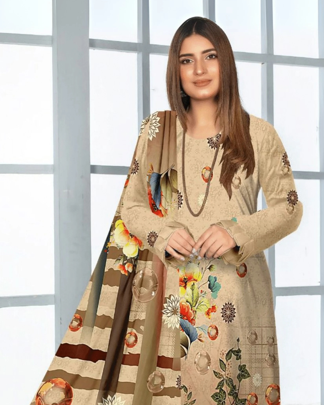 Chirenza Beige Premium Digital Khaddar 3-Piece