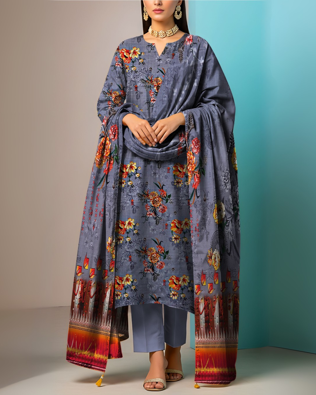 SAYA Charcoal Bloom Premium Printed Viscose Bana Dora 3-Piece Suit