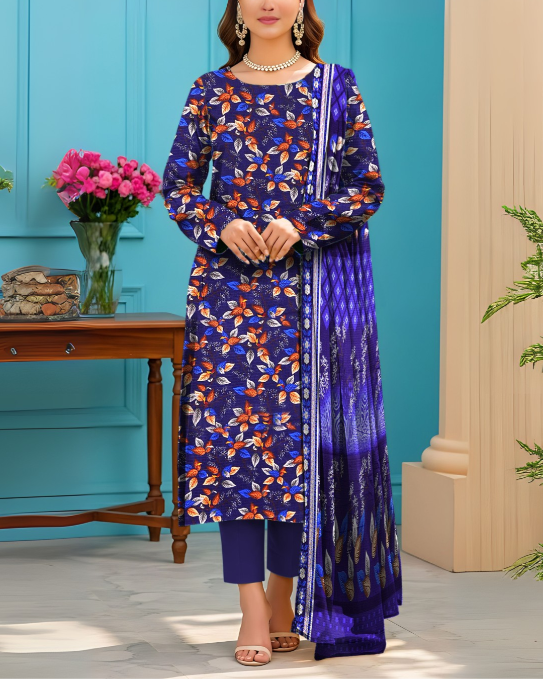 SAYA Royal Sapphire Premium Printed Viscose Bana Dora 3-Piece Suit