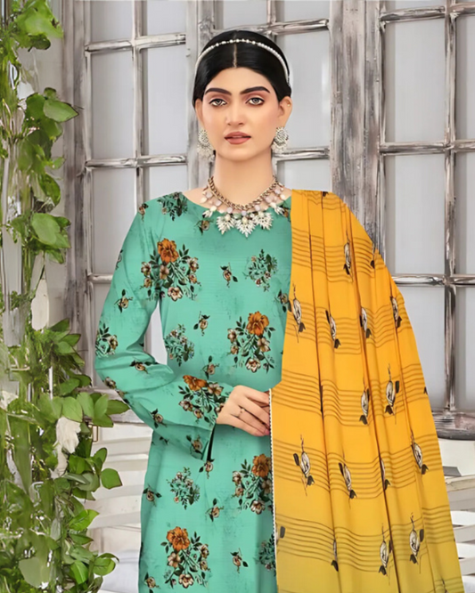 SAYA Olive Bloom Digital Premium Viscose Linen 3-Piece Suit