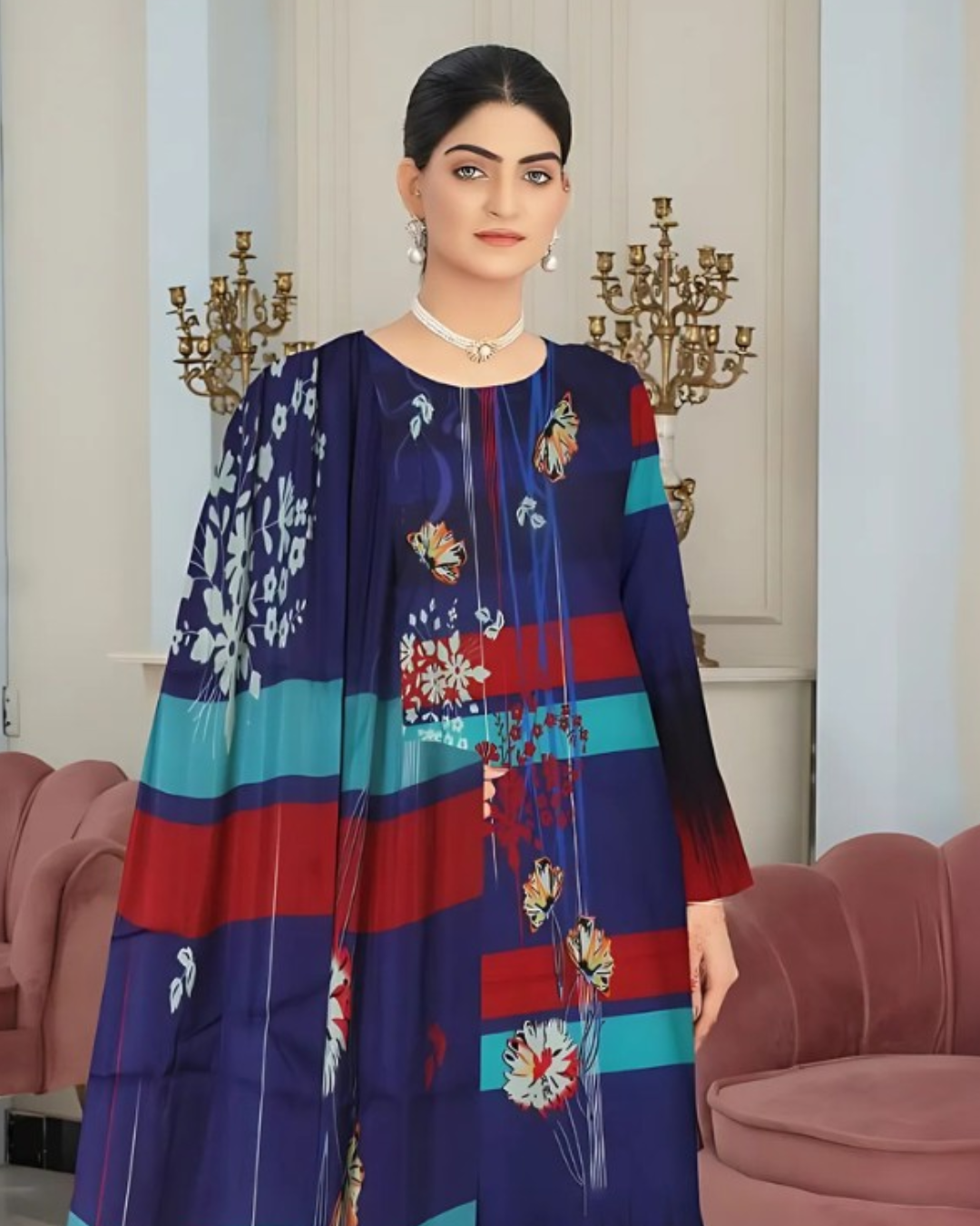 Kashish Midnight Stripes Digital Premium Viscose Bana Dora 3-Piece Suit