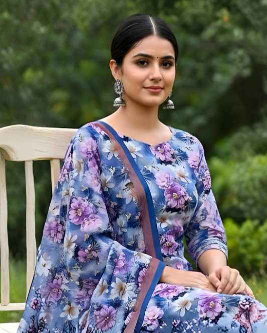 Chirenza Al Karam Digital Khaddar Suit in Serene Blue & Purple Floral