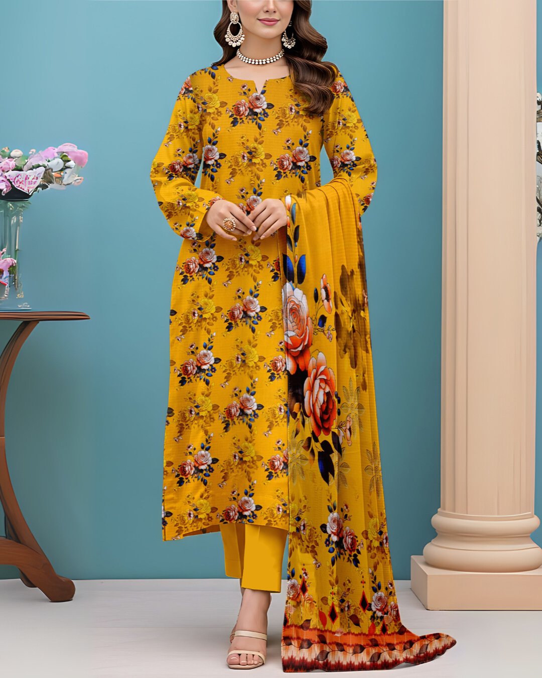 SAYA Golden Marigold Premium Printed Viscose Bana Dora 3-Piece Suit