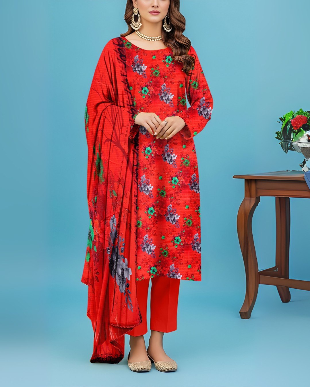 SAYA Crimson Rose Premium Printed Viscose Bana Dora 3-Piece Suit