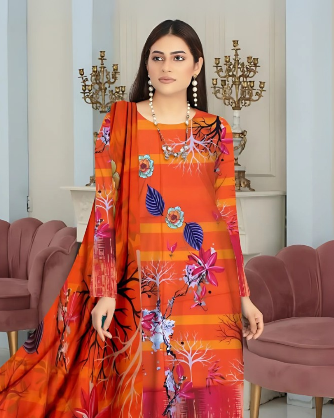 Kashish Fiery Bloom Digital Premium Viscose Bana Dora 3-Piece Suit