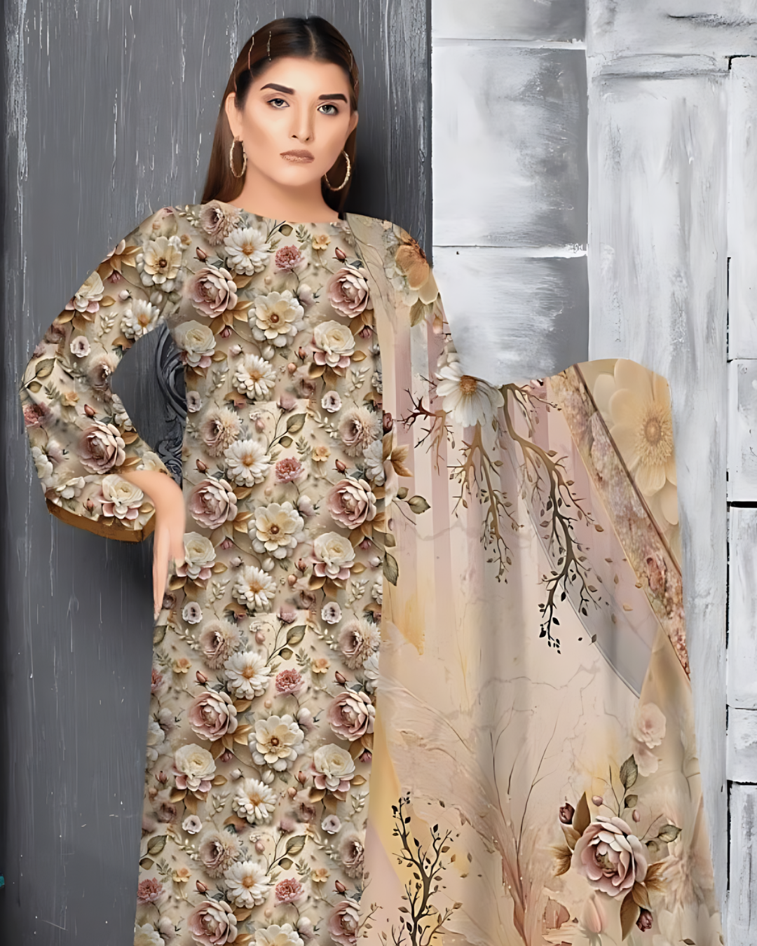 Chirenza Golden Blossom 3 Piece Premium Digital Doria Linen Suit