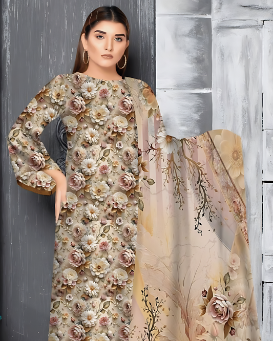 Chirenza Golden Blossom 3 Piece Premium Digital Doria Linen Suit