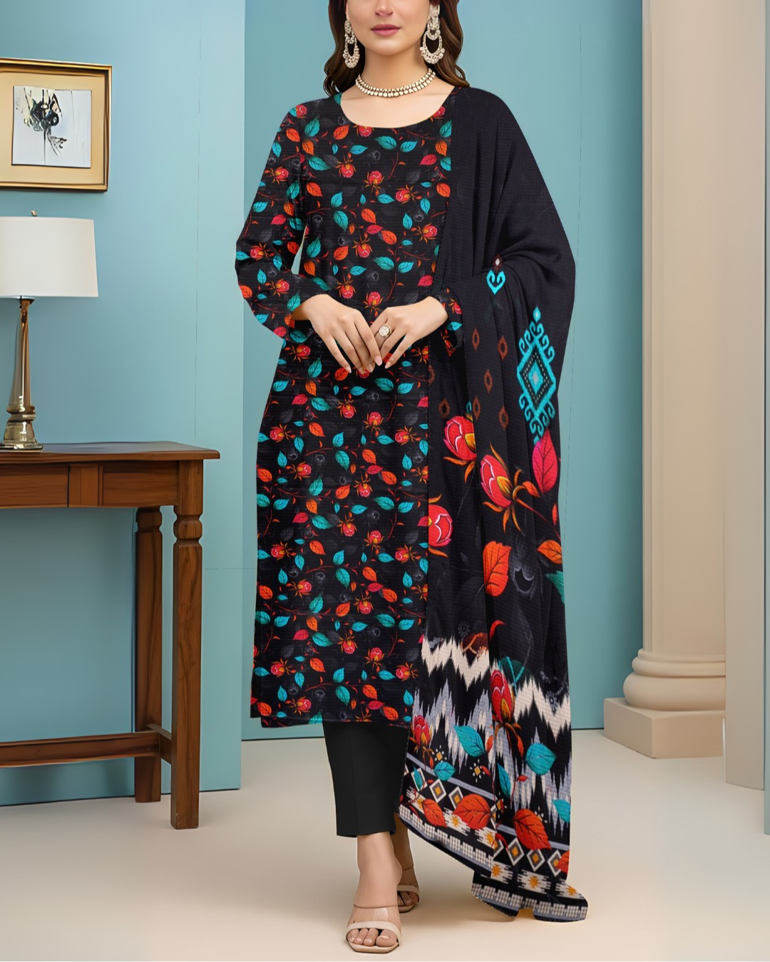 SAYA Midnight Autumn Premium Printed Viscose Bana Dora 3-Piece Suit