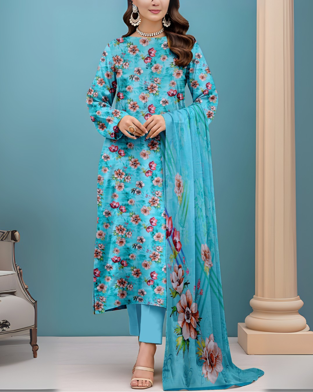 SAYA Aqua Blossom Premium Printed Viscose Bana Dora 3-Piece Suit