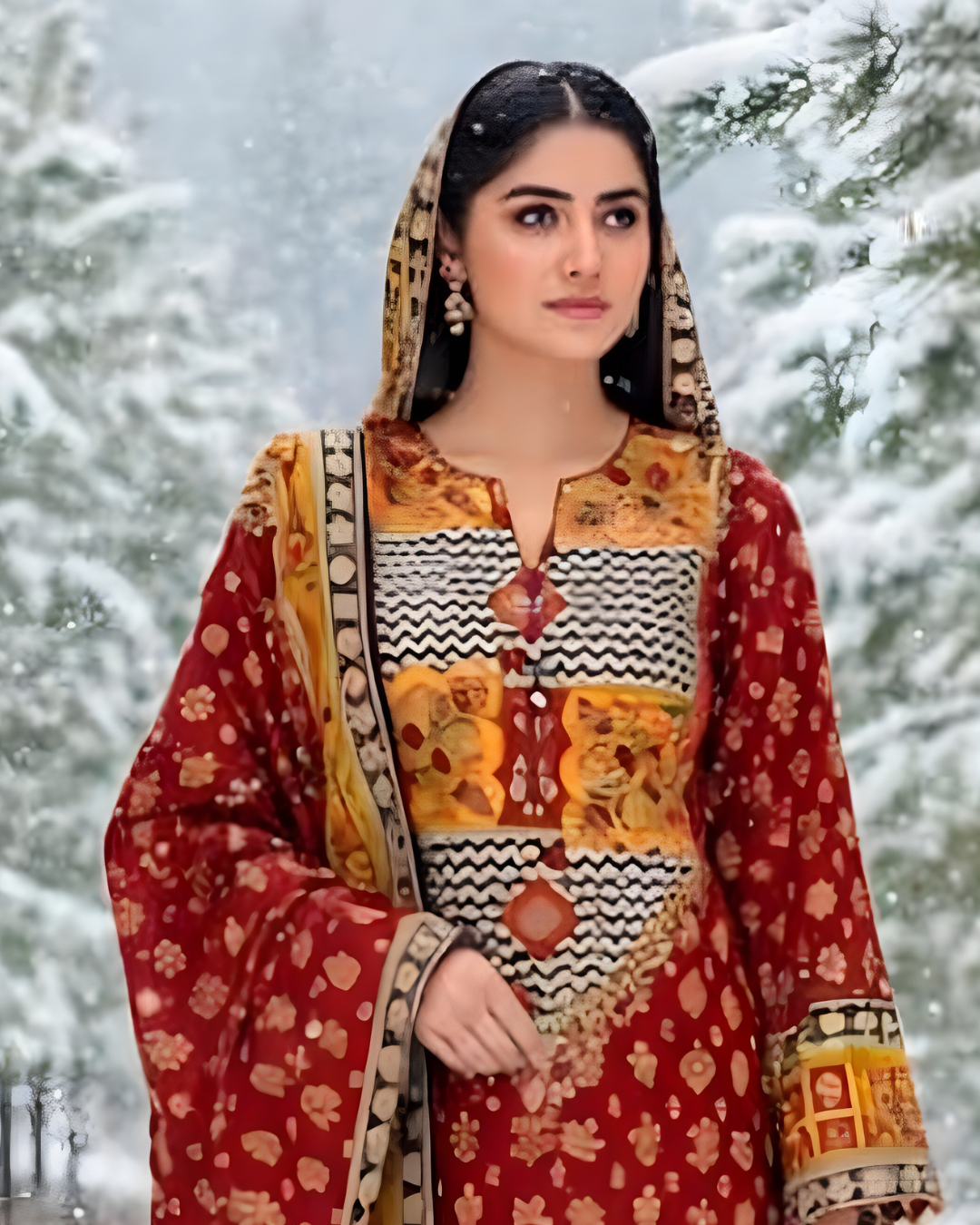 Chirenza Al Karam Digital Khaddar Suit in Rustic Red & Mustard