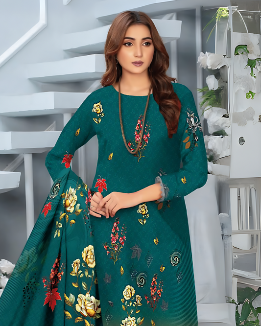 Chirenza Teal Premium Digital Khaddar 3-Piece Suit