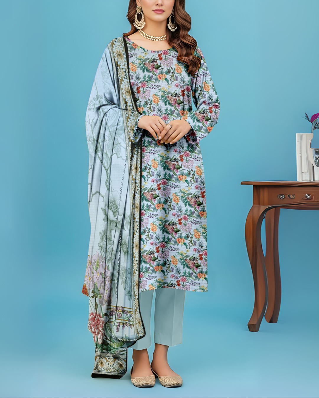 SAYA Silver Garden Premium Printed Viscose Bana Dora 3-Piece Suit