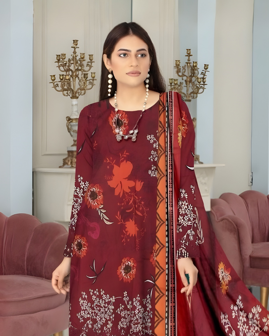Chirenza Premium Deep Maroon Floral Viscose Suit 3 Piece Embroidered Set