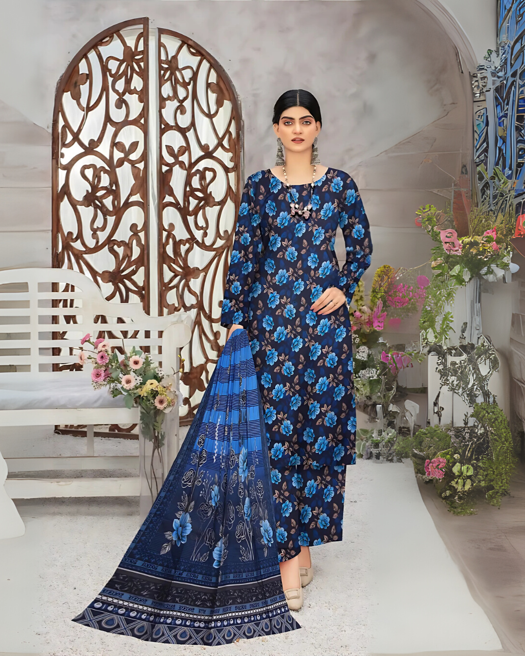 SAYA Midnight Blue Digital Premium Viscose Linen 3-Piece Suit