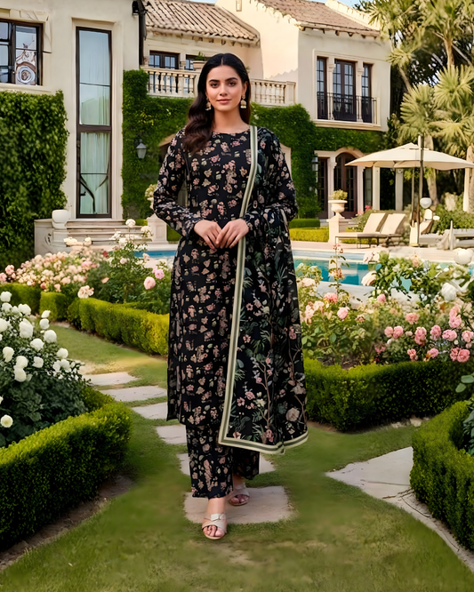 Chirenza Elegant Black Floral Al Karam Digital Khaddar Suit