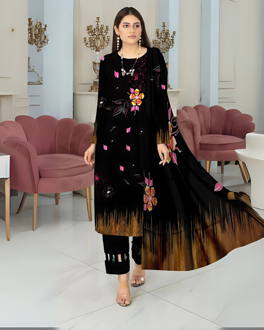 Kashish Noir Blossom Digital Premium Viscose Bana Dora 3-Piece Suit
