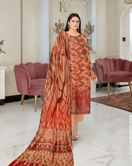 Chirenza Premium Peach & Rust Floral Viscose Suit 3 Piece Embroidered Set
