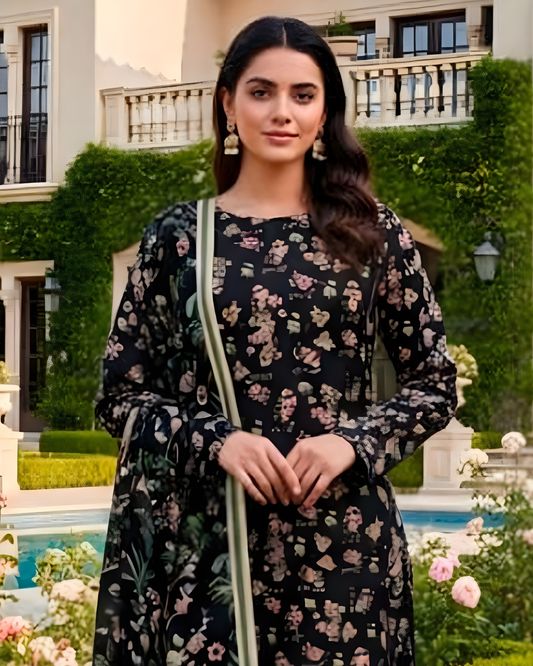 Chirenza Elegant Black Floral Al Karam Digital Khaddar Suit