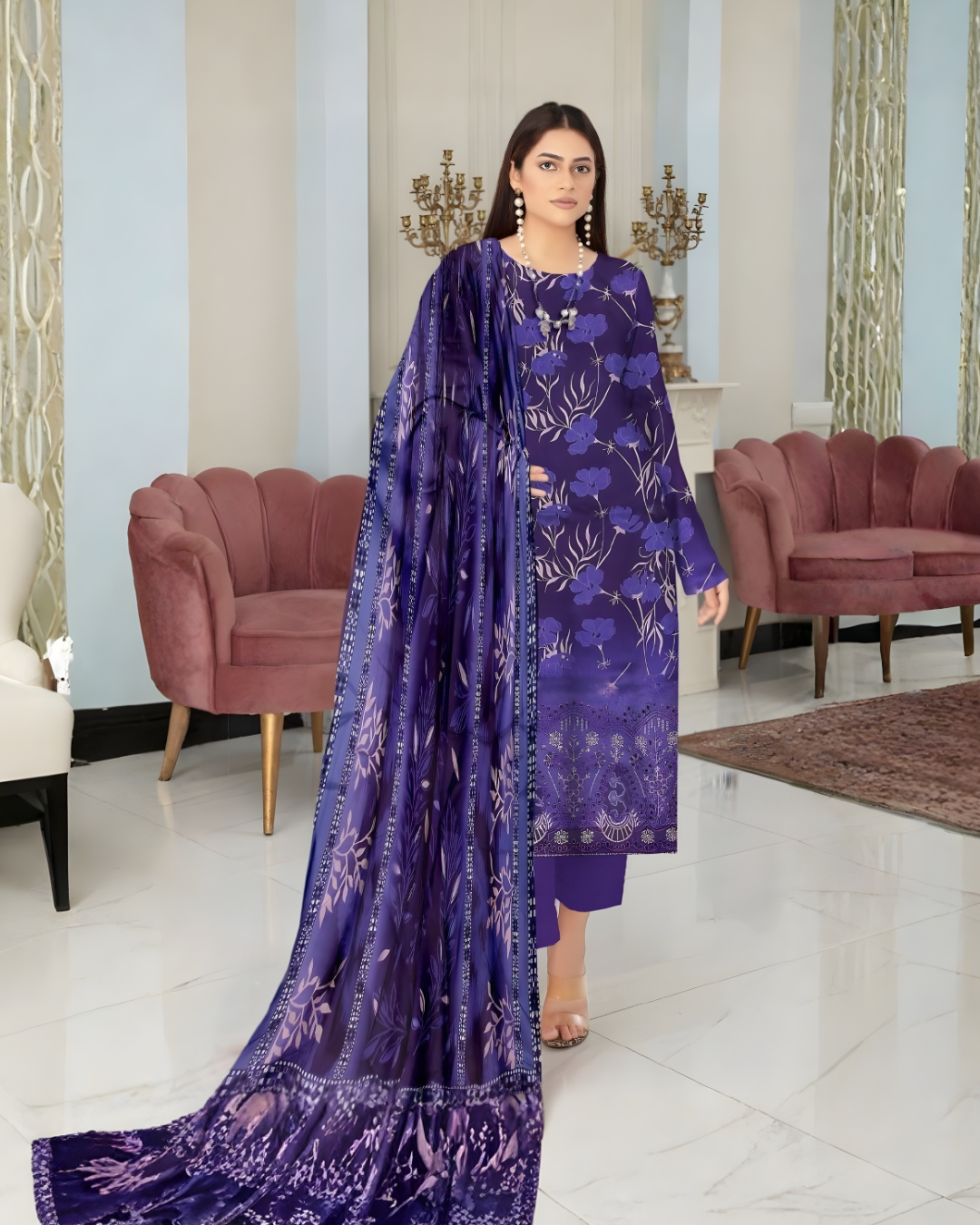 Chirenza Premium Royal Blue Floral Viscose Suit 3 Piece Embroidered Set