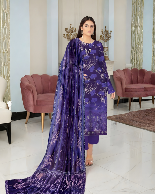 Chirenza Premium Royal Blue Floral Viscose Suit 3 Piece Embroidered Set