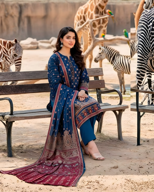 Chirenza Al Karam Digital Khaddar Suit in Indigo Blue & Rustic Red