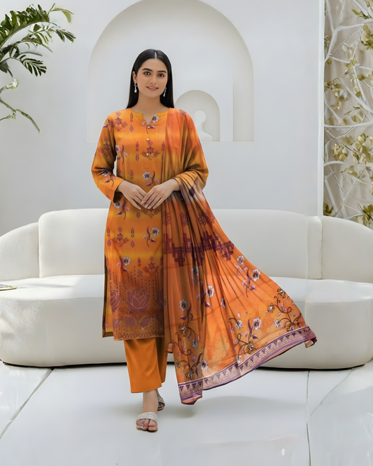 Chirenza Premium Mustard & Orange Ombre Viscose Suit 3 Piece Embroidered Set