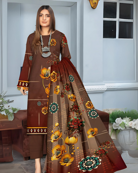 Chirenza Chocolate Brown Premium Digital Khaddar 3-Piece